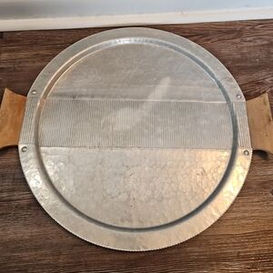 Vtg.Continental Corduroy Hand Wrought Hammered Aluminum Wood Handled Tray #1579